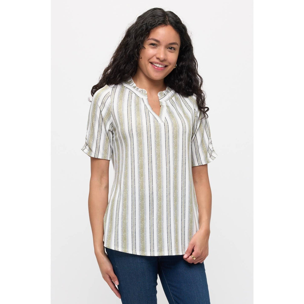 The Stripe Ruffle Neck Blouse