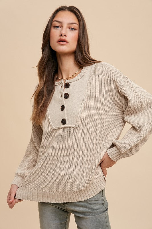 The Annie Half Button Ribbed Hem Sweater