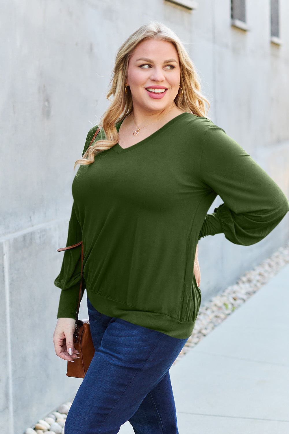 The Basic Bae Full Size V-Neck Lantern Sleeve Top