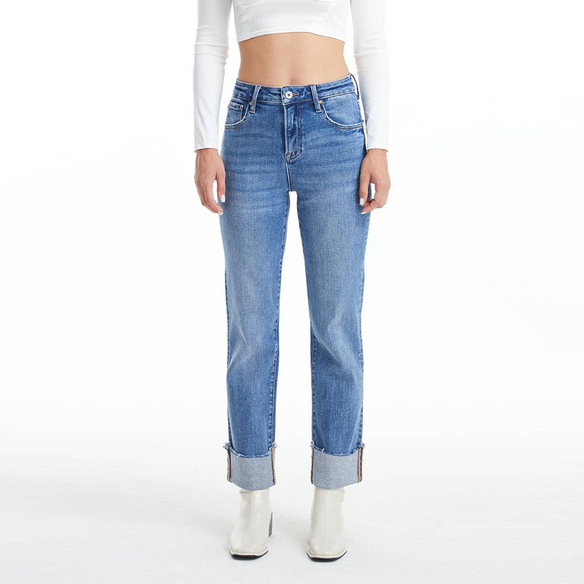 High Rise Straight Leg Denim Jeans with Rolled Hem