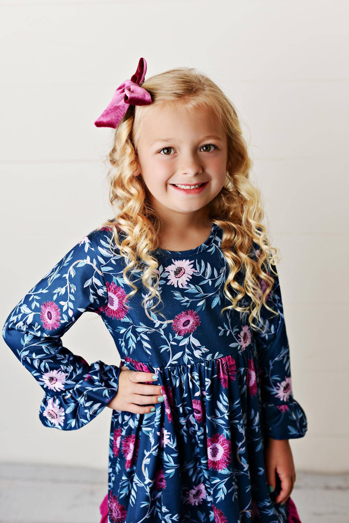 Kids Ruffle Dark Teal & Plum Floral Dress