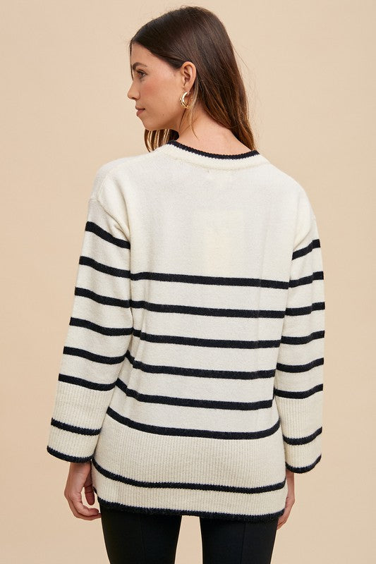 Annie Side Slit Striped Round Neck Sweater