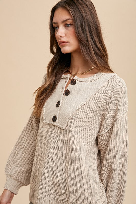 The Annie Half Button Ribbed Hem Sweater