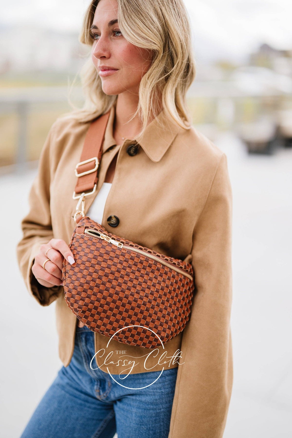 Willa Woven Bum Bag Crossbody in Brown & Tan Checkered