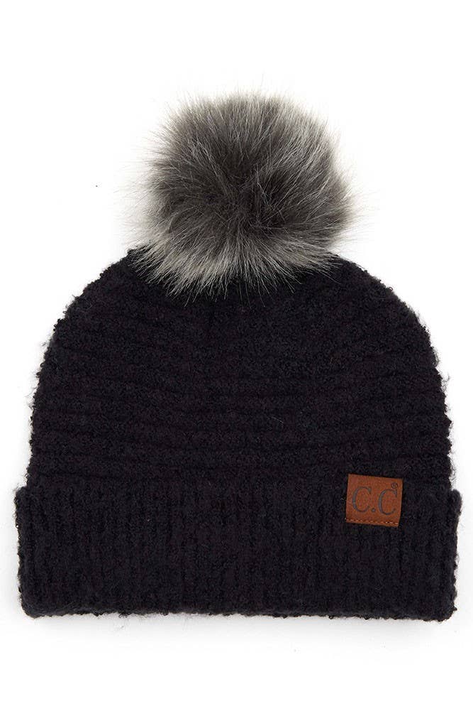 C.C Solid Boucle Yarn Beanie Pom Winter Hat