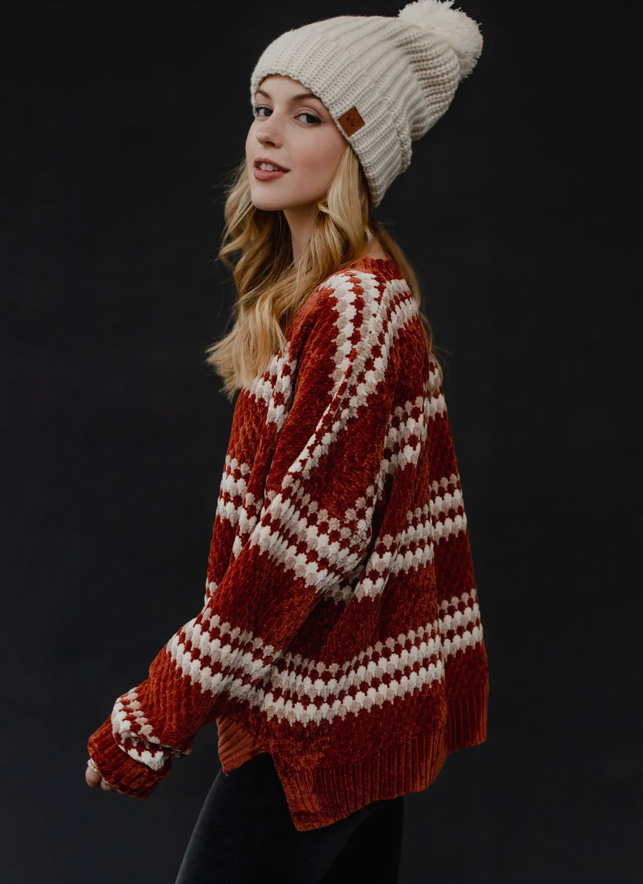 Red Chenille Striped Sweater