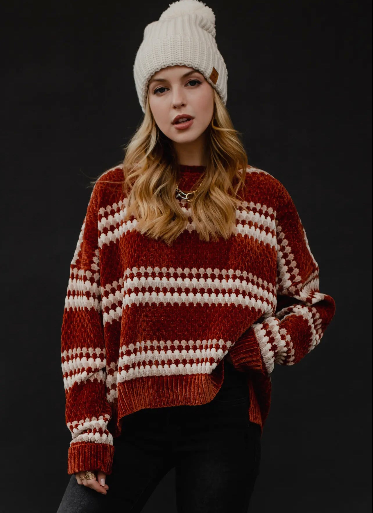 Red Chenille Striped Sweater