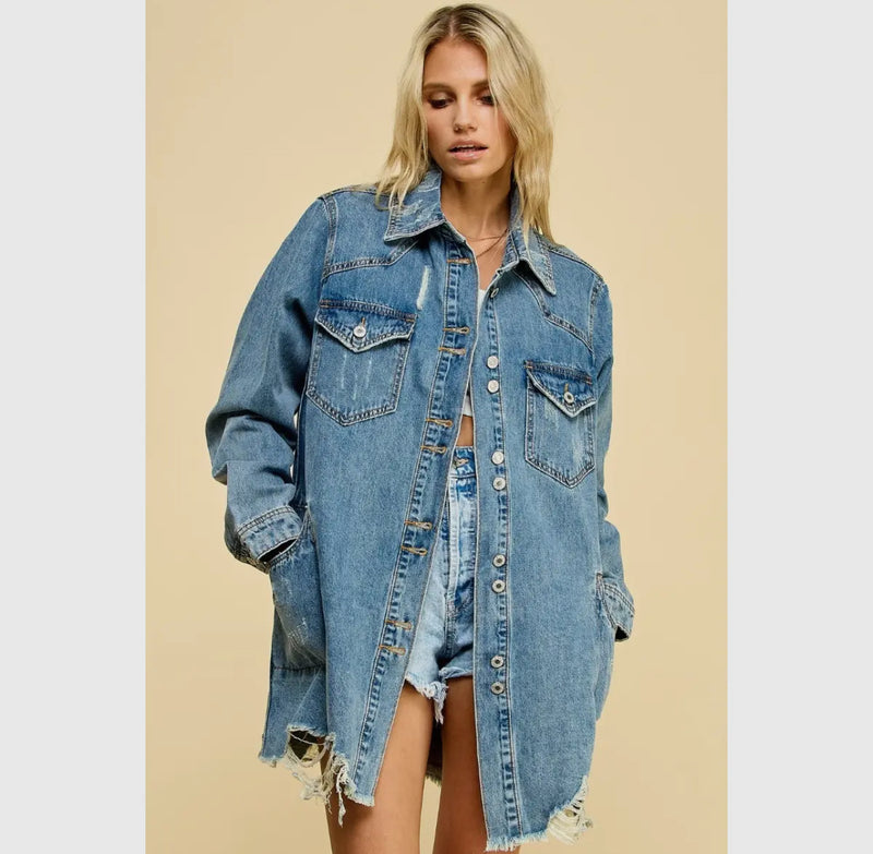 The Long Line Distressed Denim Jacket
