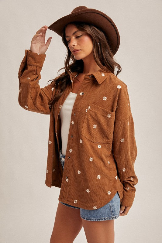 Floral Embroidery Oversized Corduroy Top