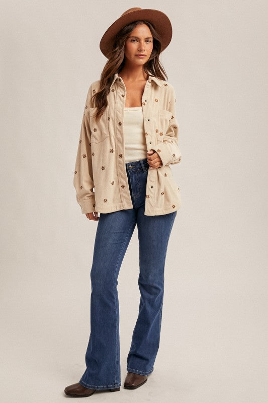 Floral Embroidery Oversized Corduroy Top