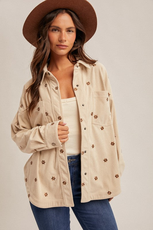 Floral Embroidery Oversized Corduroy Top