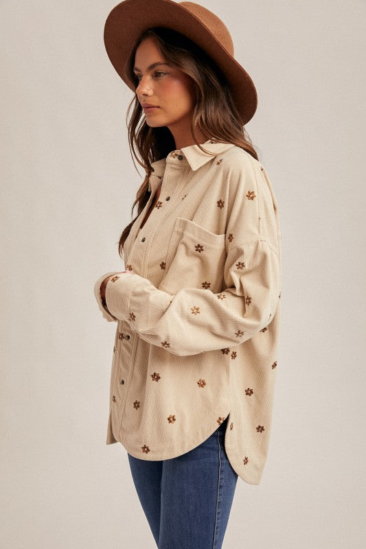 Floral Embroidery Oversized Corduroy Top