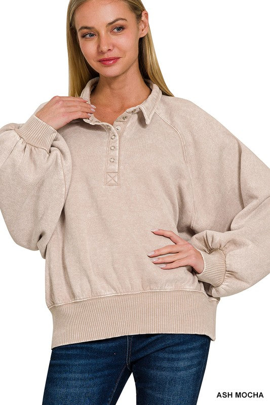 Ash Mocha Acid-Wash Button-Up Pullover