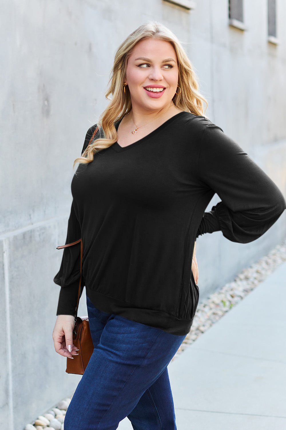 The Basic Bae Full Size V-Neck Lantern Sleeve Top