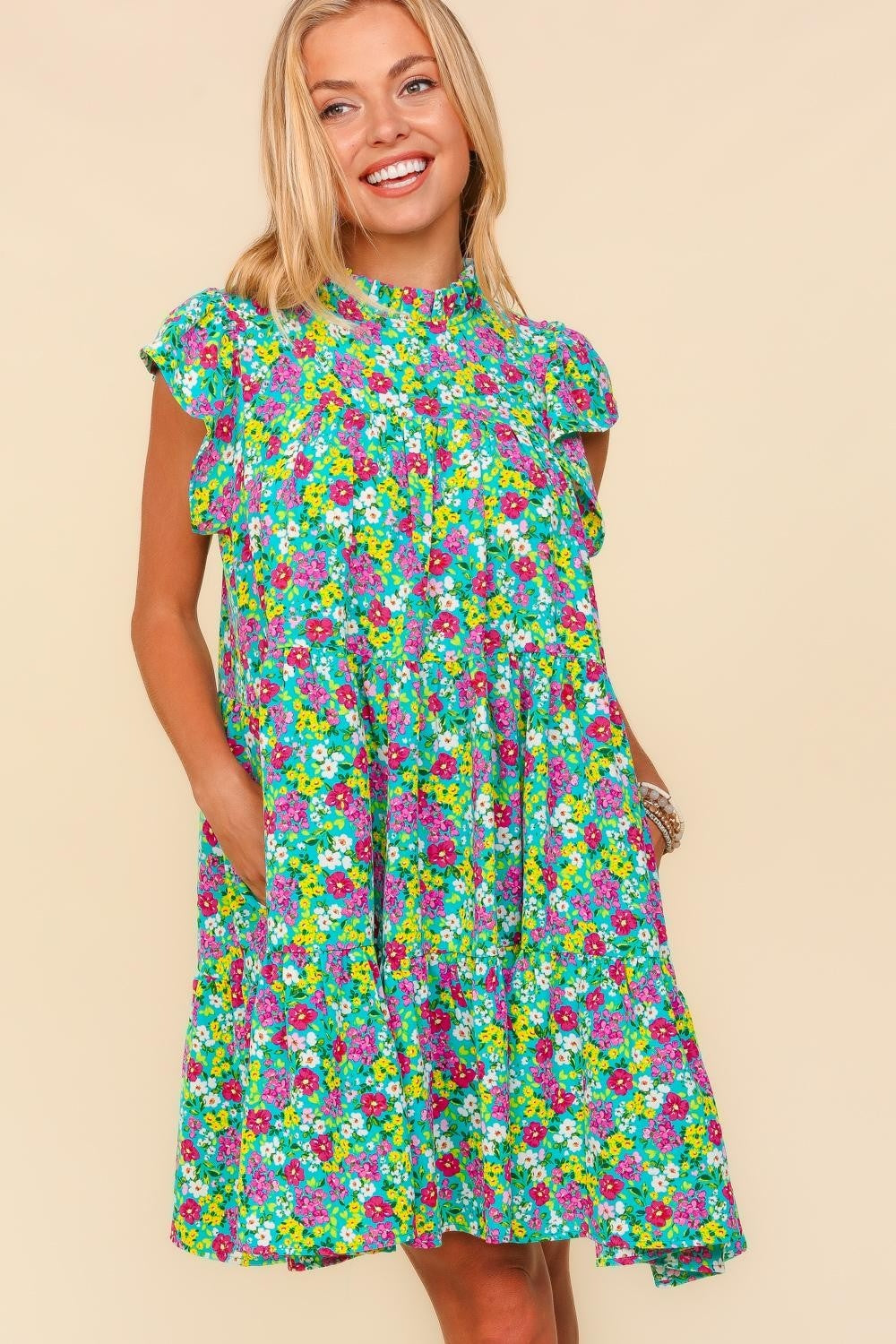 The Frilled Mock Neck Ditsy Floral Dress