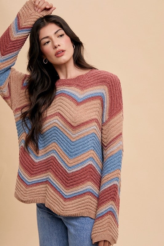 The Multi Color Zig-Zag Round Neck Sweater
