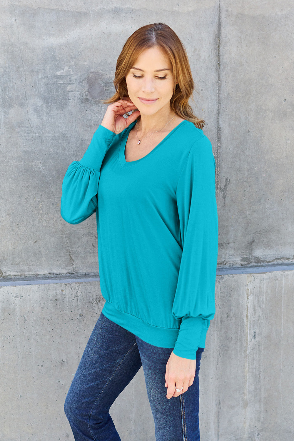 The Basic Bae Full Size V-Neck Lantern Sleeve Top