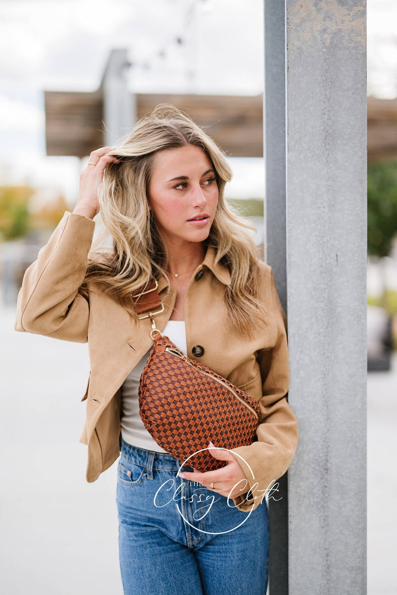 Willa Woven Bum Bag Crossbody in Brown & Tan Checkered