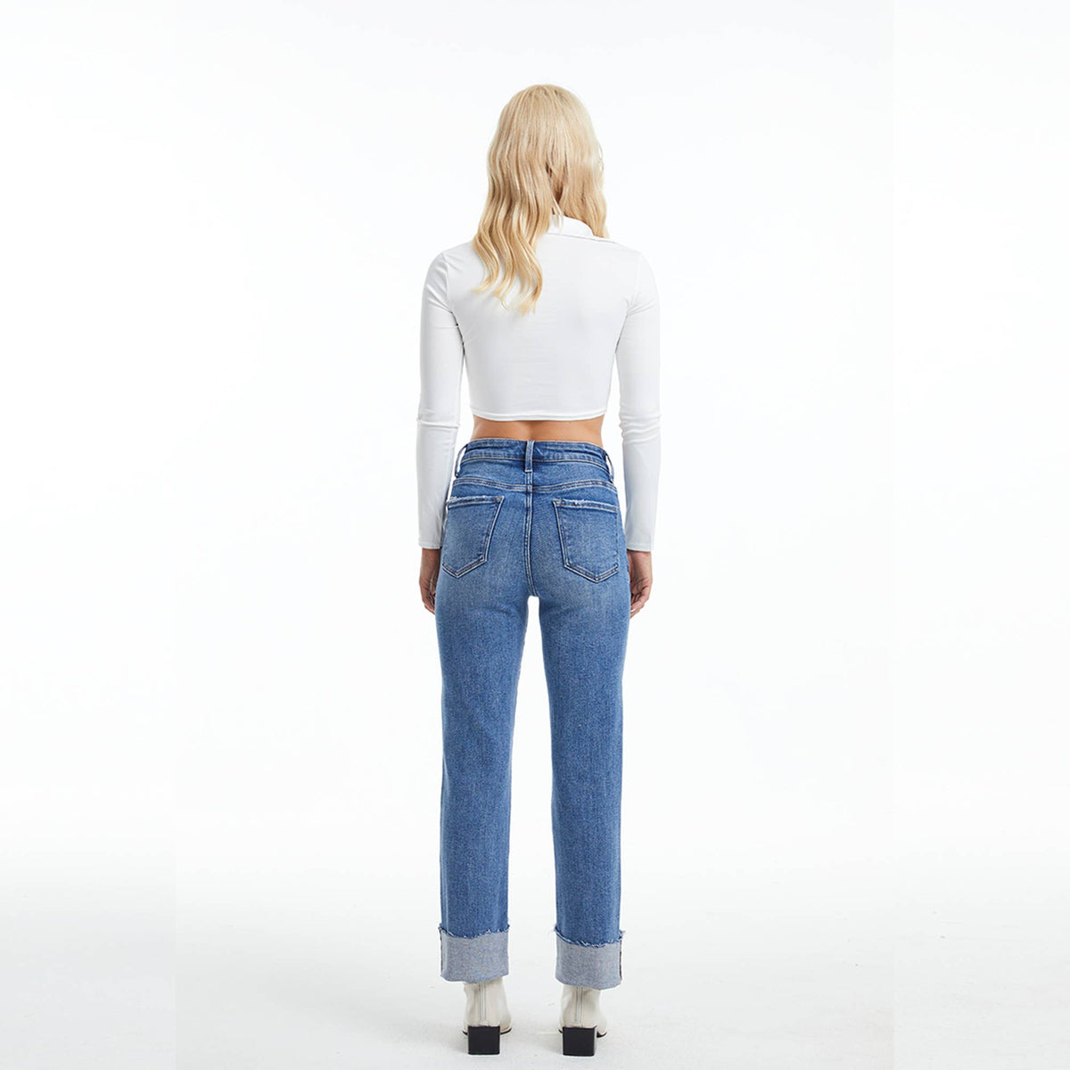 High Rise Straight Leg Denim Jeans with Rolled Hem