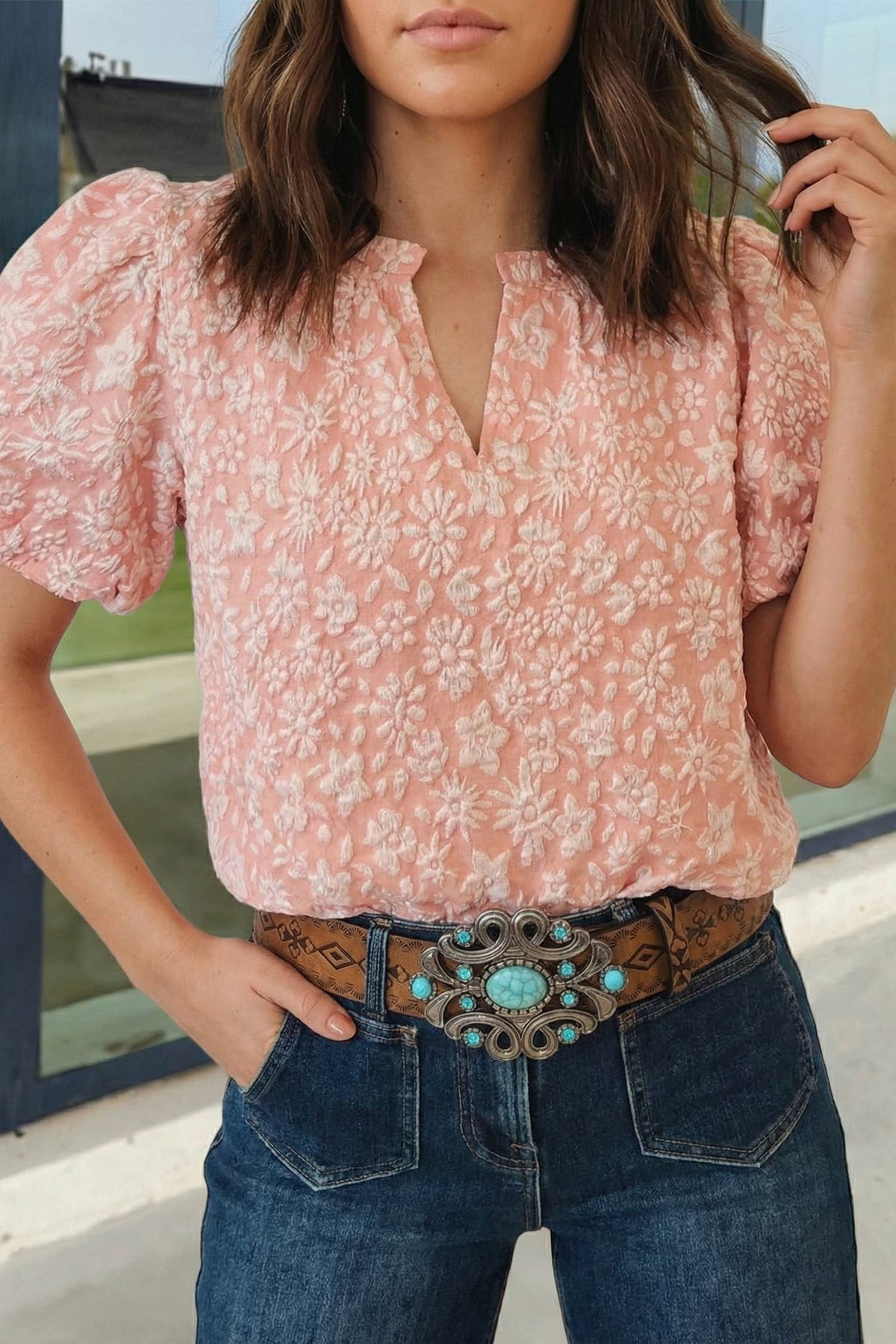 The Apricot Pink Floral Textured Puff Sleeve Blouse