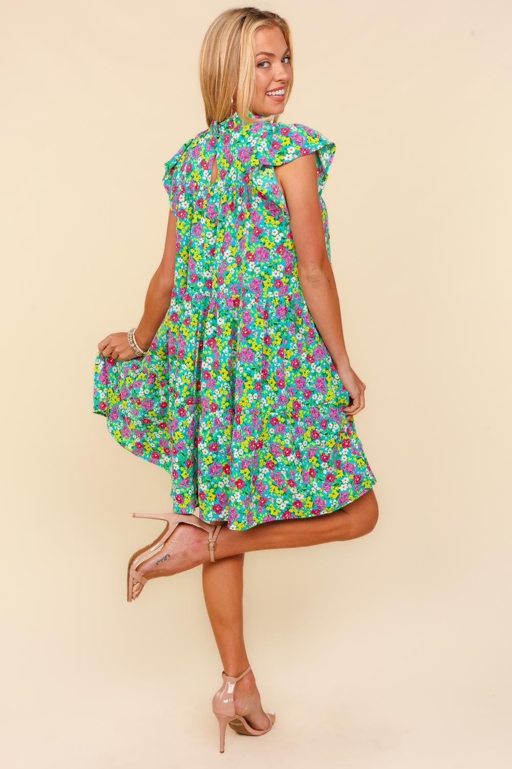 The Frilled Mock Neck Ditsy Floral Dress