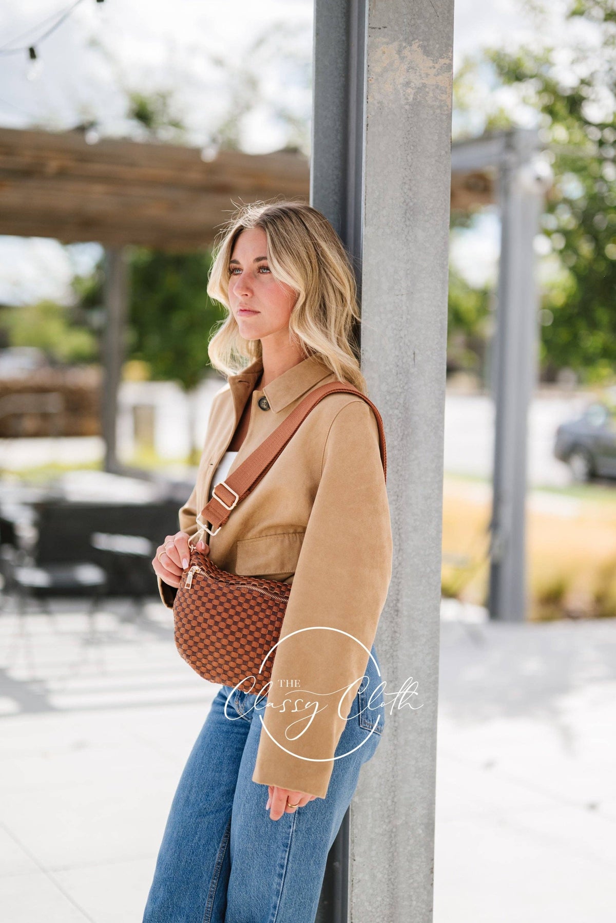 Willa Woven Bum Bag Crossbody in Brown & Tan Checkered