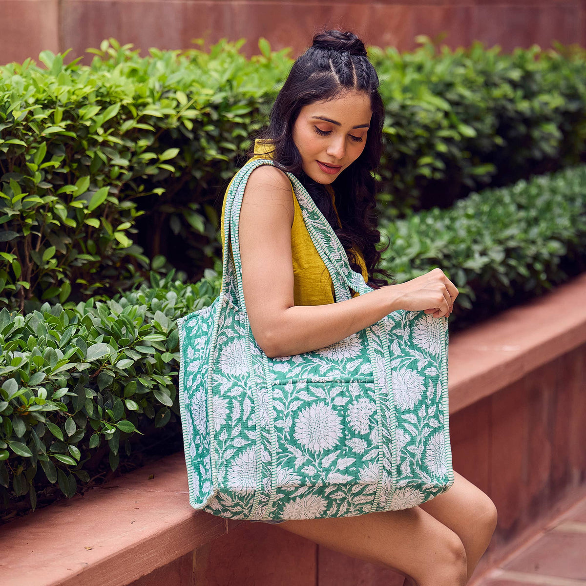Teal Dan Quilted Block-Printed Tote