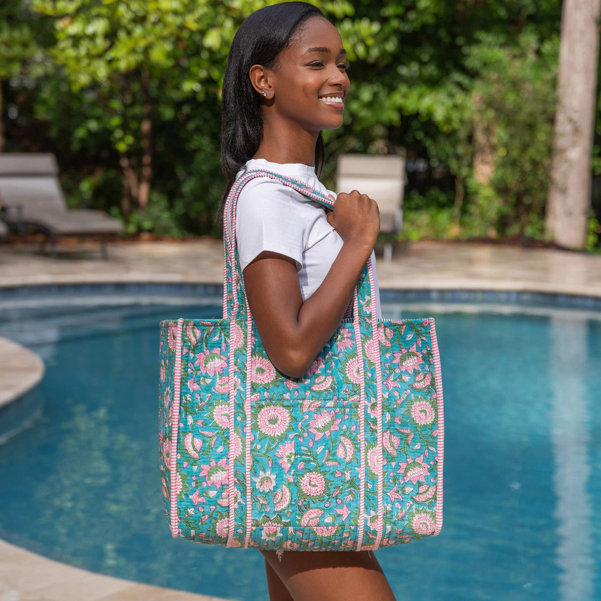 Aqua Bloom Quilted Block-Printed Tote