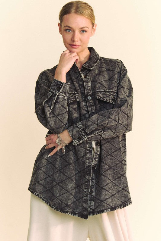 The Curved Hem Diamond Quilted Button Up Denim Shacket