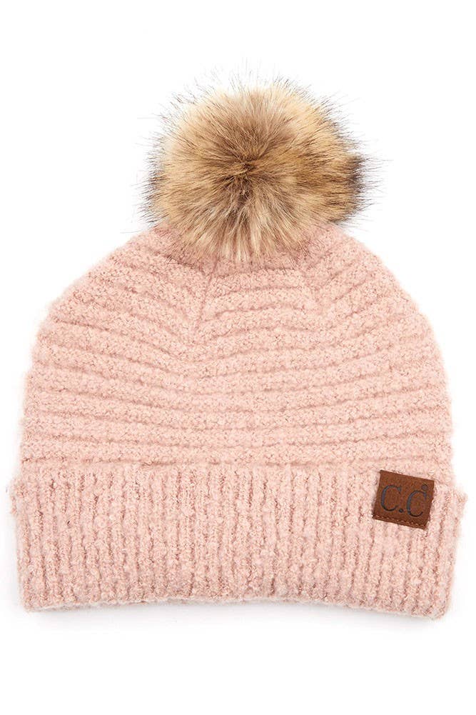 C.C Solid Boucle Yarn Beanie Pom Winter Hat