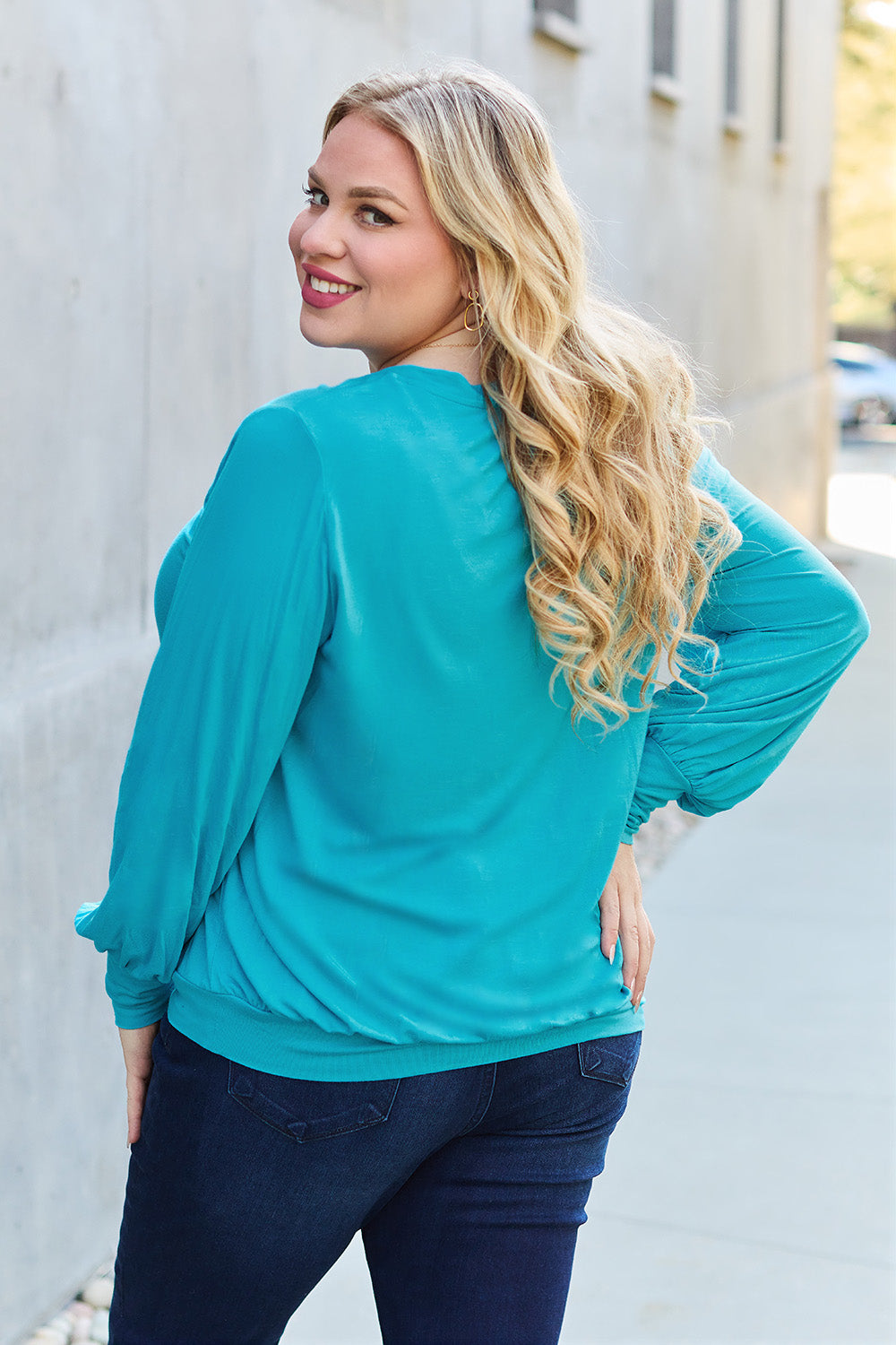 The Basic Bae Full Size V-Neck Lantern Sleeve Top