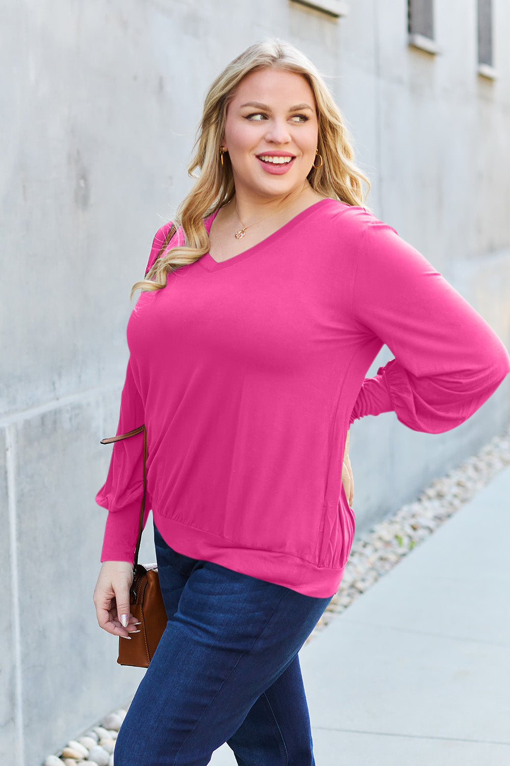 The Basic Bae Full Size V-Neck Lantern Sleeve Top