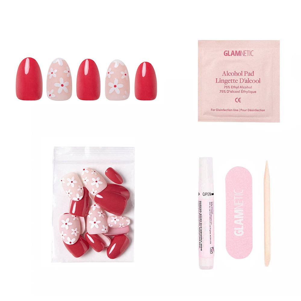 Red Blossom Press-On Nails Short Oval