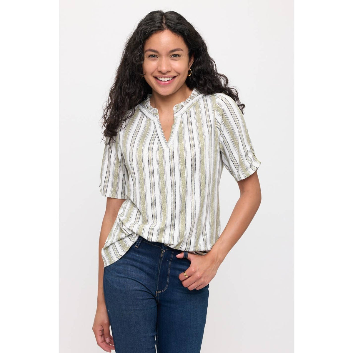 The Stripe Ruffle Neck Blouse