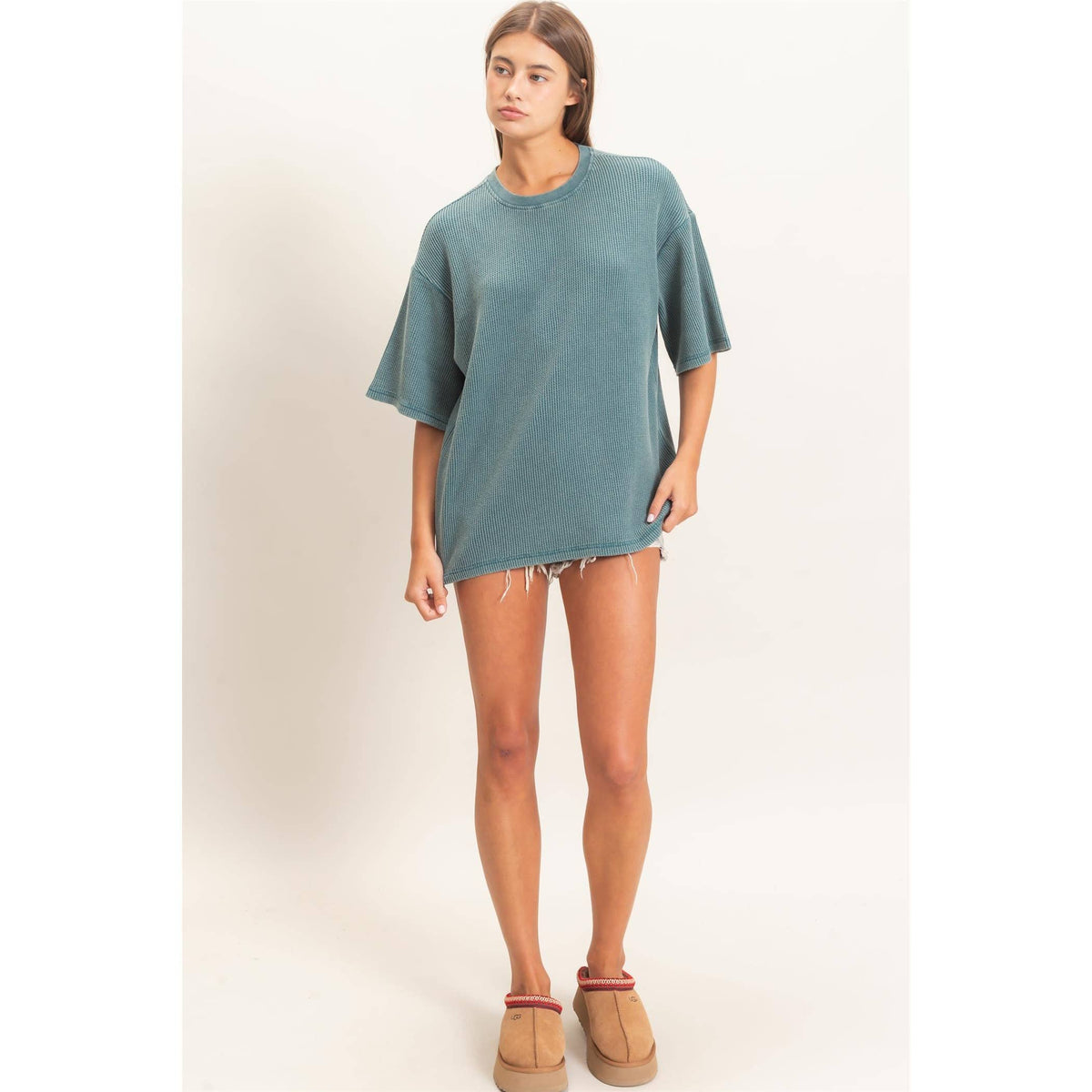 Mineral Wash Waffle Crew Neck Short Sleeve Top