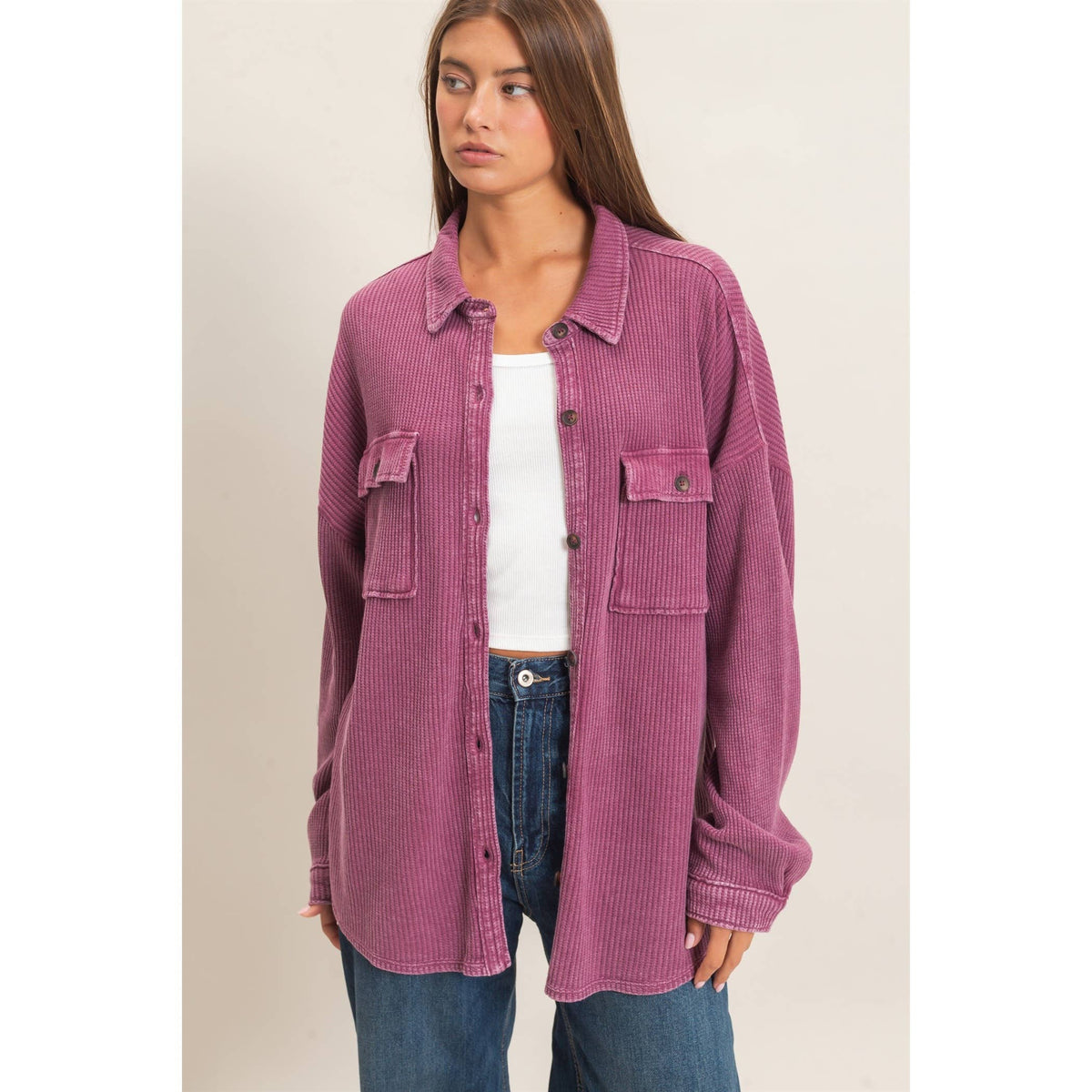 The Mineral Wash Waffle Knit Button-Up Shacket