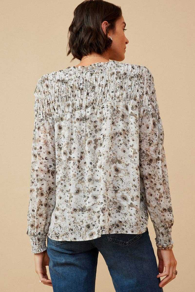 The Tie Front Smocked Detail Floral Top