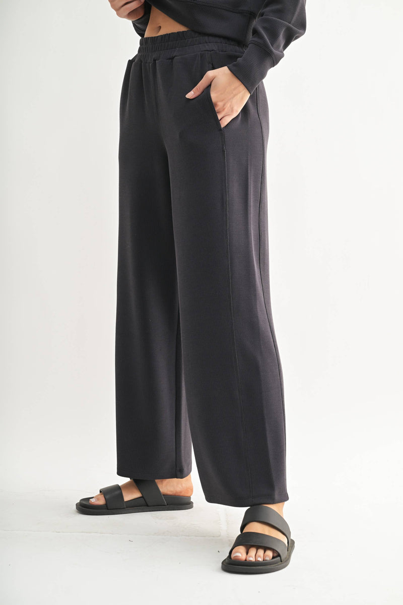 Luxe Black Wash Rib Wide-Leg Pants