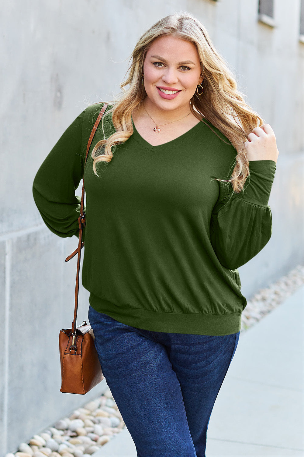 The Basic Bae Full Size V-Neck Lantern Sleeve Top