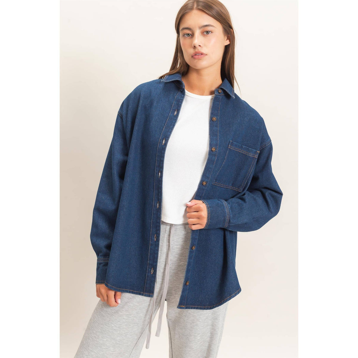 Denim Button-Up Collar Shirt