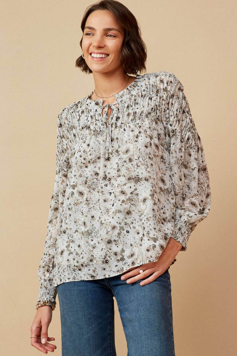 The Tie Front Smocked Detail Floral Top