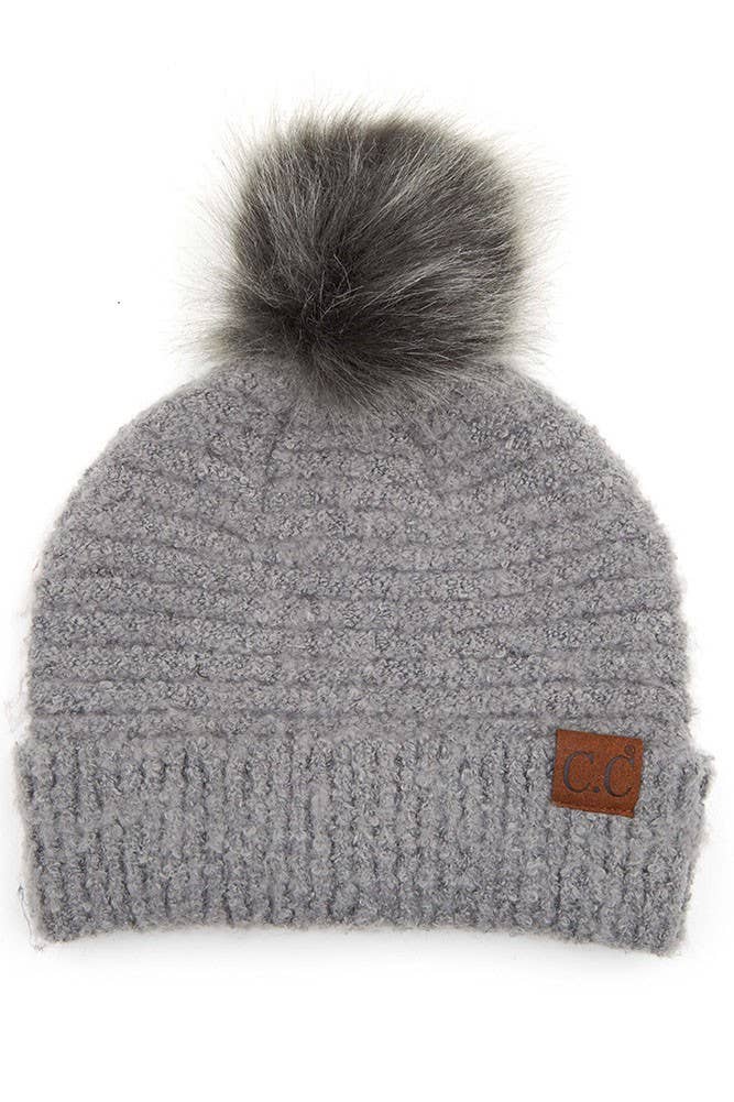 C.C Solid Boucle Yarn Beanie Pom Winter Hat