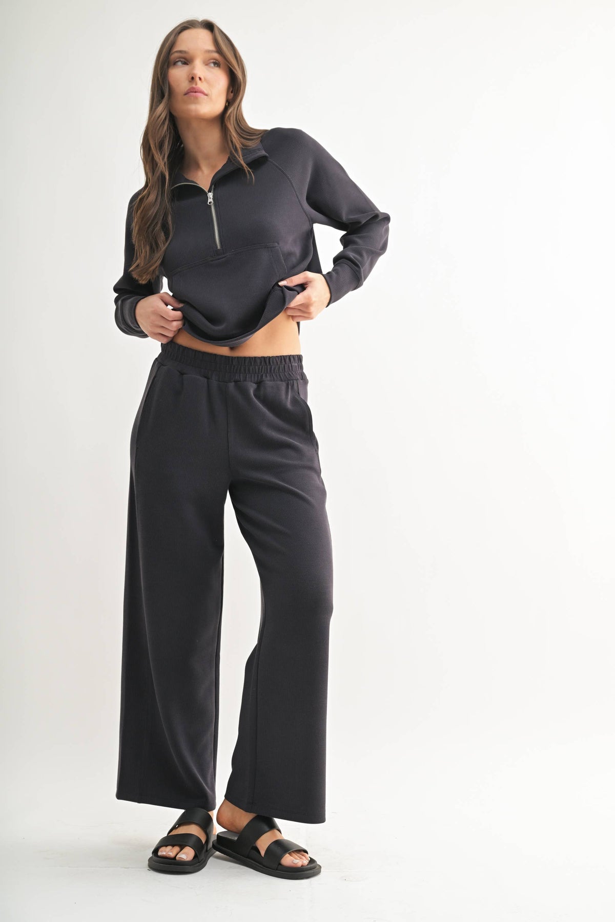 Luxe Black Wash Rib Wide-Leg Pants