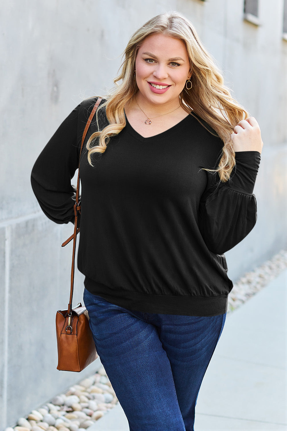 The Basic Bae Full Size V-Neck Lantern Sleeve Top