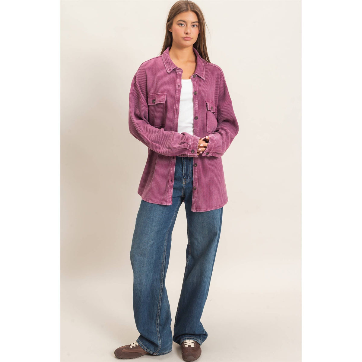 The Mineral Wash Waffle Knit Button-Up Shacket