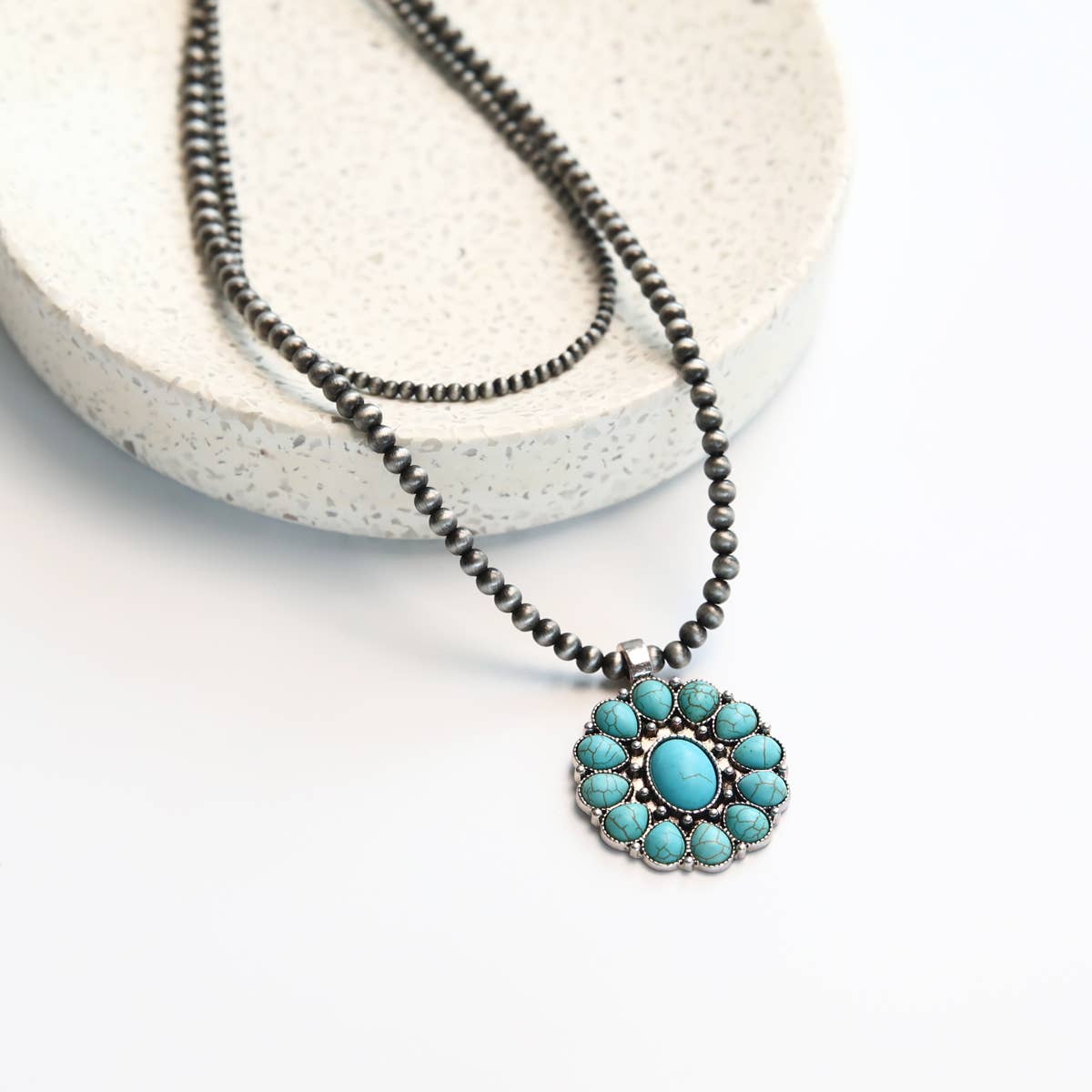 Turquoise Floral Pendant and Slate Necklace