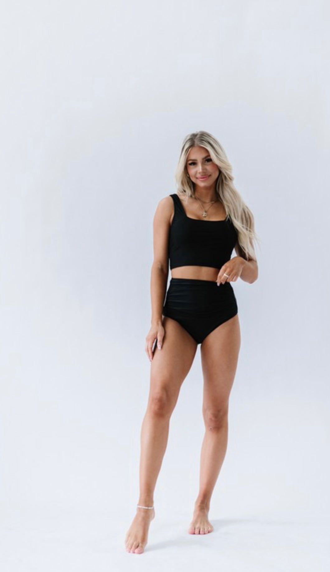 Black High Waisted Ruched Swim Bottoms