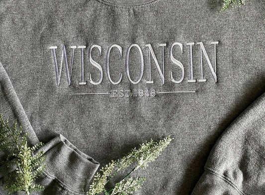 Wisconsin Embroidered Crewneck- Graphite Heather